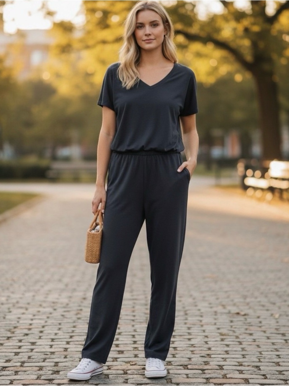 Cabi Easygoing Jumpsuit Style 1209
Navy Blue Faux Two Piece Jumpsuit Size
Medium